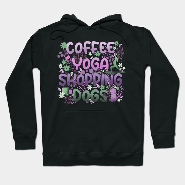 Coffee Yoga Shopping Dogs in Purple-Green Hoodie by Booneb